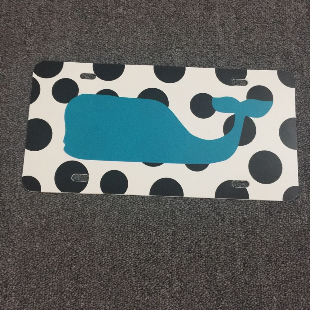 Black Polk-a-dot car tag with turquoise whale